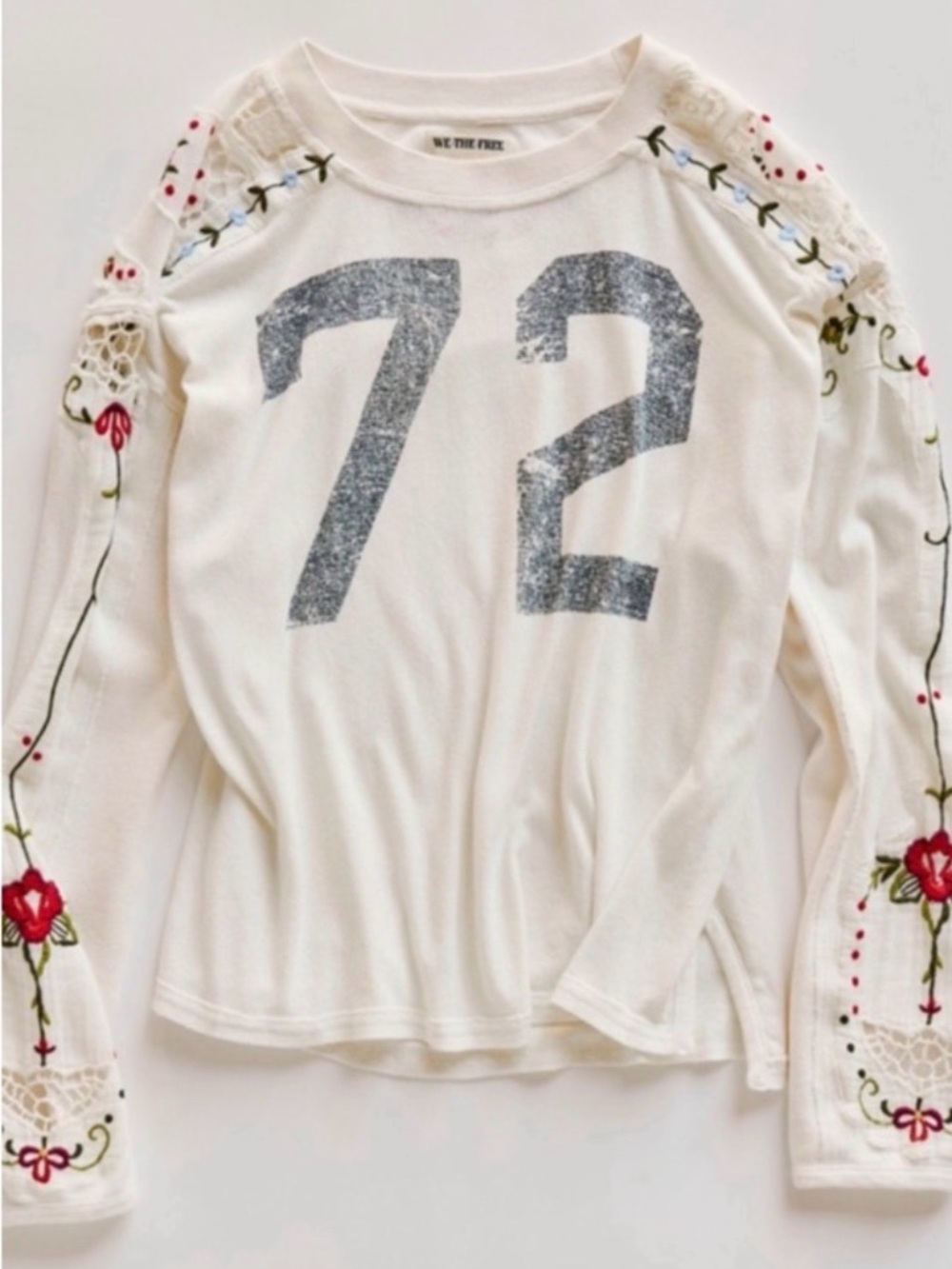 Free People Embroidered Cream Floral Sleeve Pullover Top with '72' Graphic - Picture 5 of 7